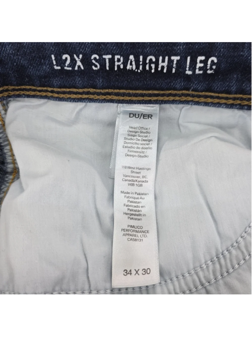 DU/ER L2X Straight Leg Jeans Mens 34x30 Dark Wash Performance Stretch Coolmax